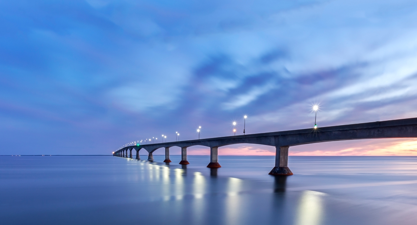Confederation Bridge, sunset sky, ocean Confederation Bridge, sunset sky, ocean