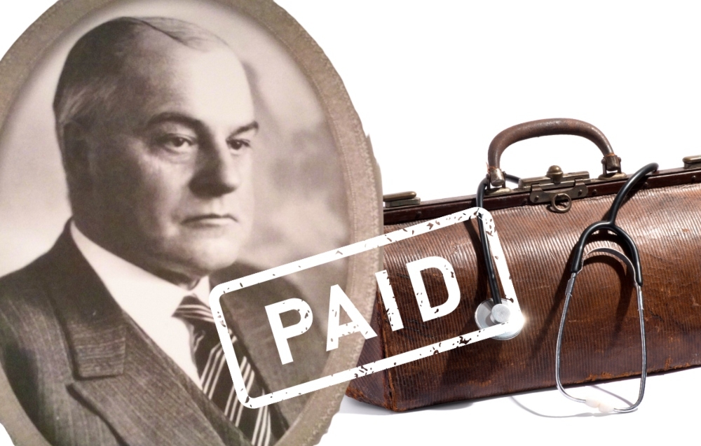 Dr. Gus, Souris Historic portrait of Dr. Gus of Souris with stock image of doctor's bag and paid stamp