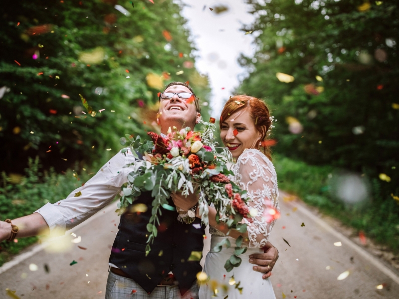 Confetti on the bride and groom