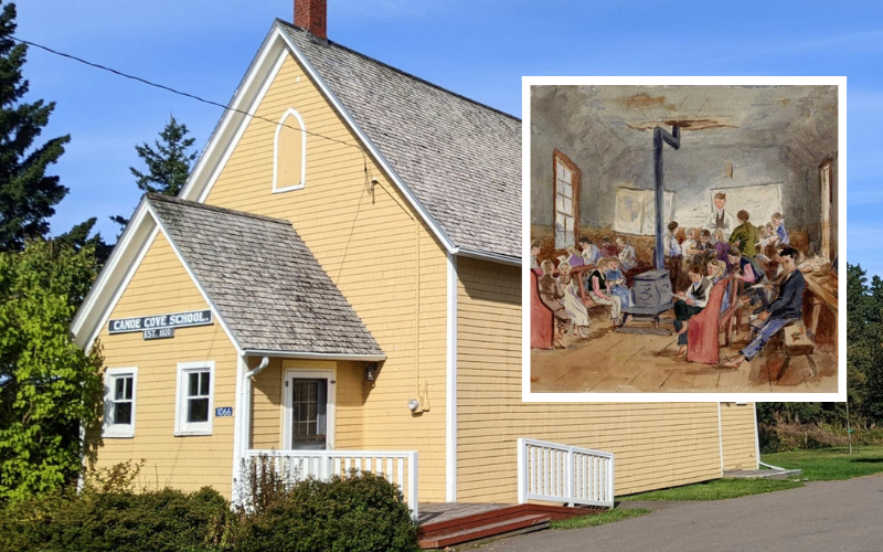 Canoe Cove School Exterior of Canoe Cove School in summer with insert of Robert Harris oil painting