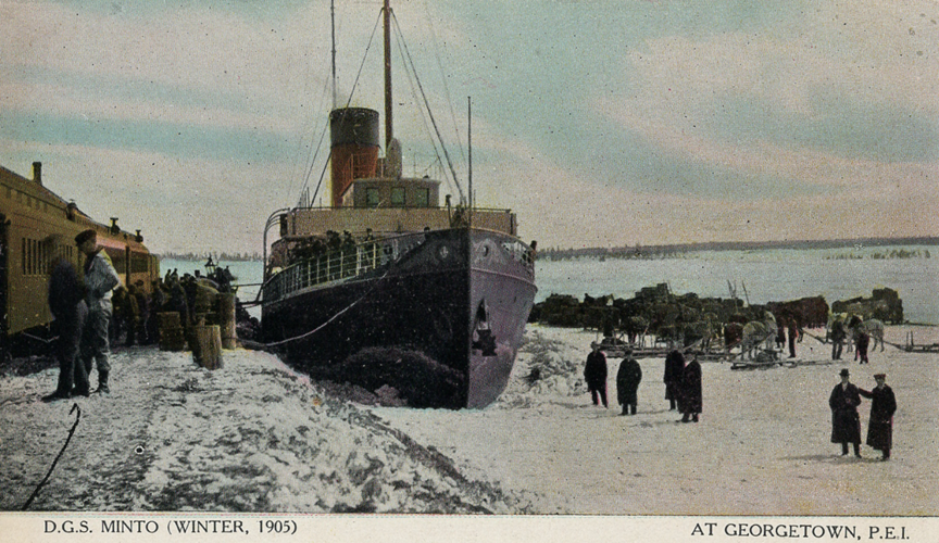 Georgetown PEI, winter 1905 Historic postcard image of DGS Minto at Georgetown PEI, winter 1905